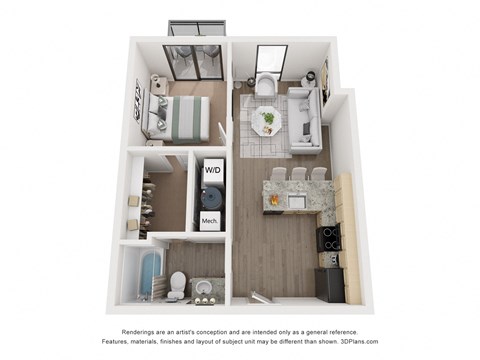 Floor plan for 1 bed, 1 bath, 651 sqft